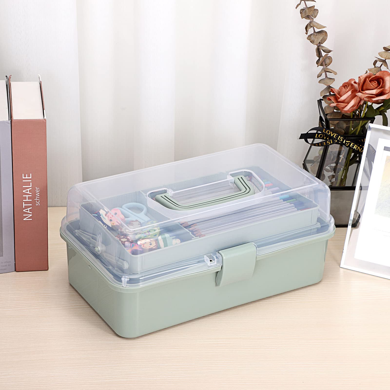 BTSKY 3-Layer Plastic Dividing Storage Box Craft Organizer and Storage with Adjustable Spacers Portable Handled Art Supply Organizer Multipurpose Home Utility Box for Medicine Box Sewing Box Organizer