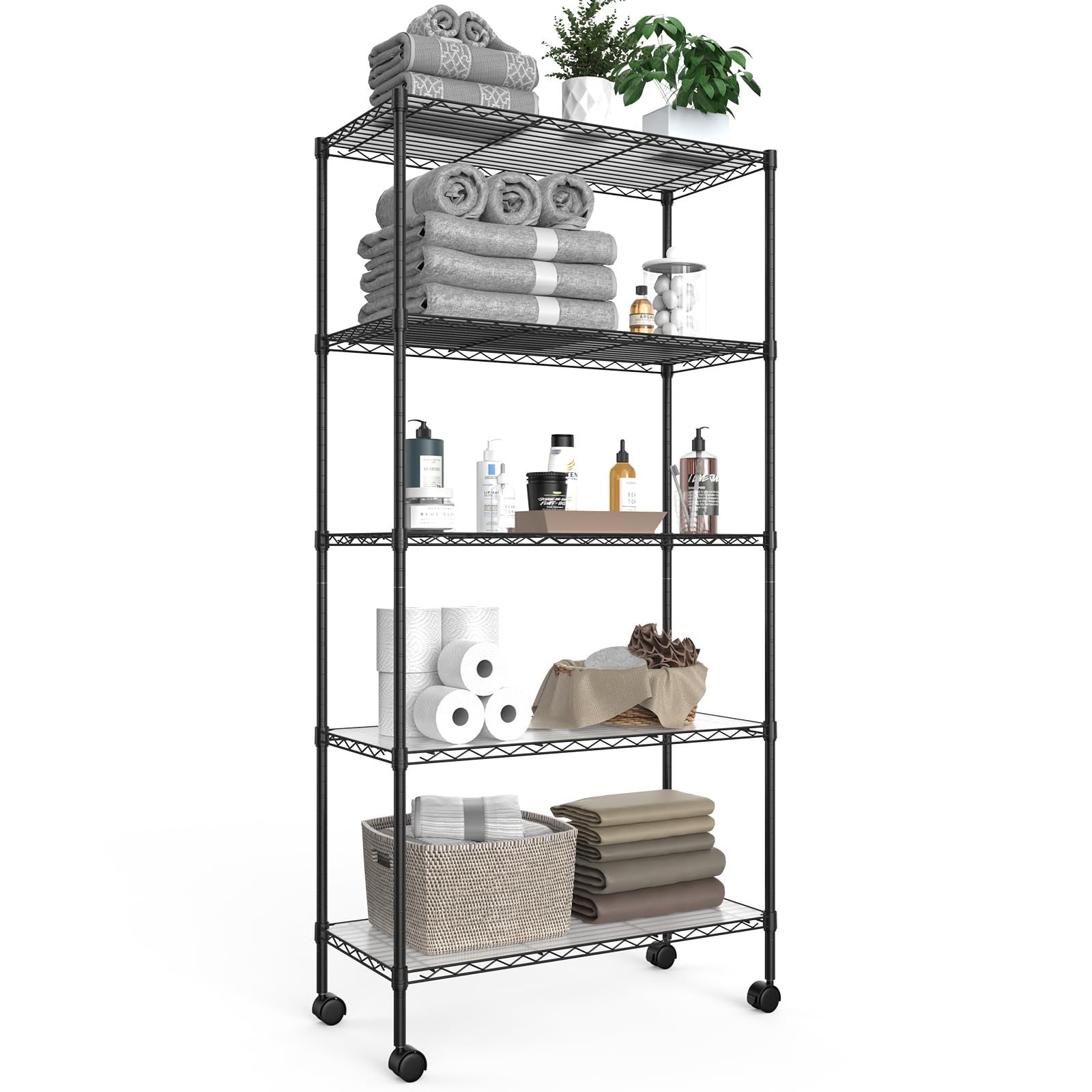 pouseayar 5 Tier NSF Metal Shelf Wire Shelving Unit, 750lbs Capacity Heavy Duty Adjustable Storage Rack with Wheels & Shelf Liners for Closet Kitchen Garage Basement, 60" H x 30" L x 14" D - White