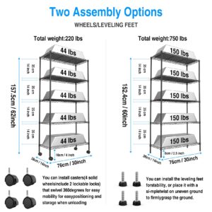 pouseayar 5 Tier NSF Metal Shelf Wire Shelving Unit, 750lbs Capacity Heavy Duty Adjustable Storage Rack with Wheels & Shelf Liners for Closet Kitchen Garage Basement, 60" H x 30" L x 14" D - White