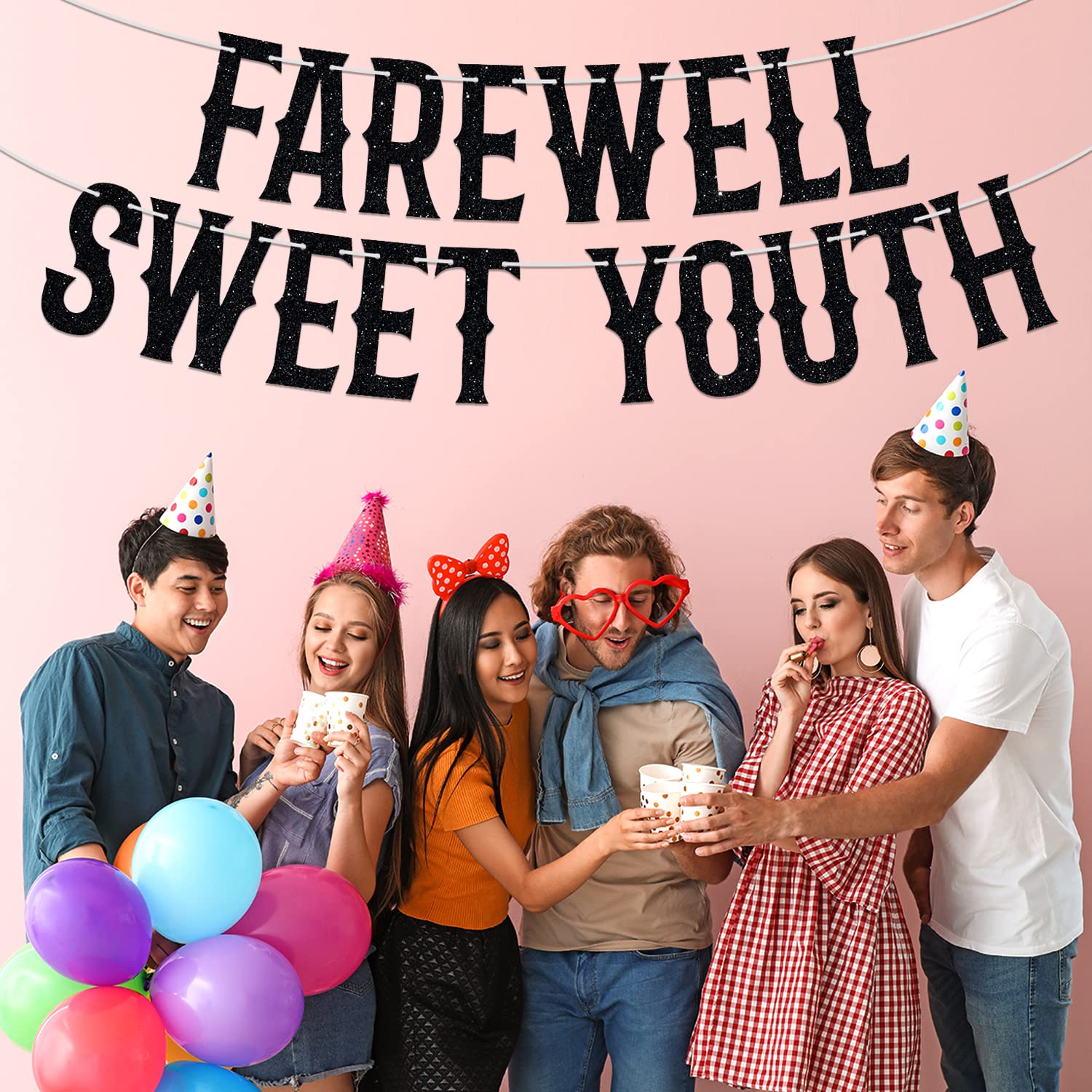 Farewell Sweeet Youth Banner, Funeral Birthday Bunting Sign for 20/30/40/50 Years Old, Death to My Youth Funny Birthday Party Decoration Supplies