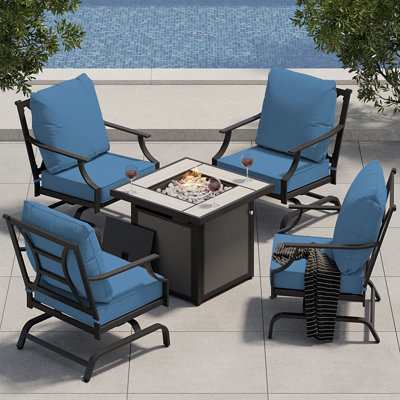 Grand patio 5-Piece Outdoor Furniture Set with 32'' Square Ceramic Tile Tabletop 50,000 BTU CSA Approved Fire Pit,4 Rocking Patio Chairs with Olefin Cushions and Pillows-Peacock Blue