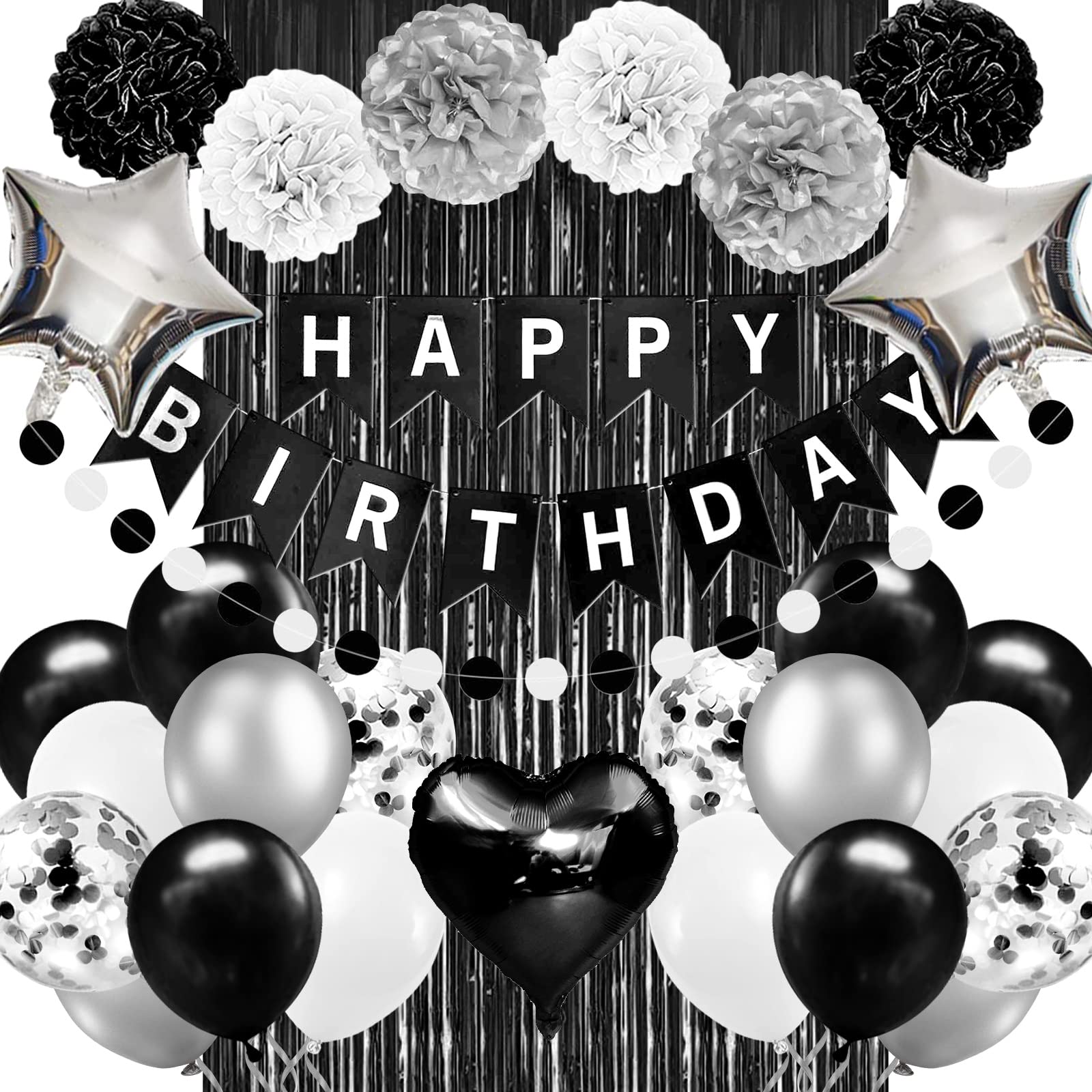 Black and White Birthday Party Decorations,Happy Birthday Decorations for Men Women Boys Girls Including Happy Birthday Banner,Fringe Curtains,Pompom Flower,Black and silver party decorations