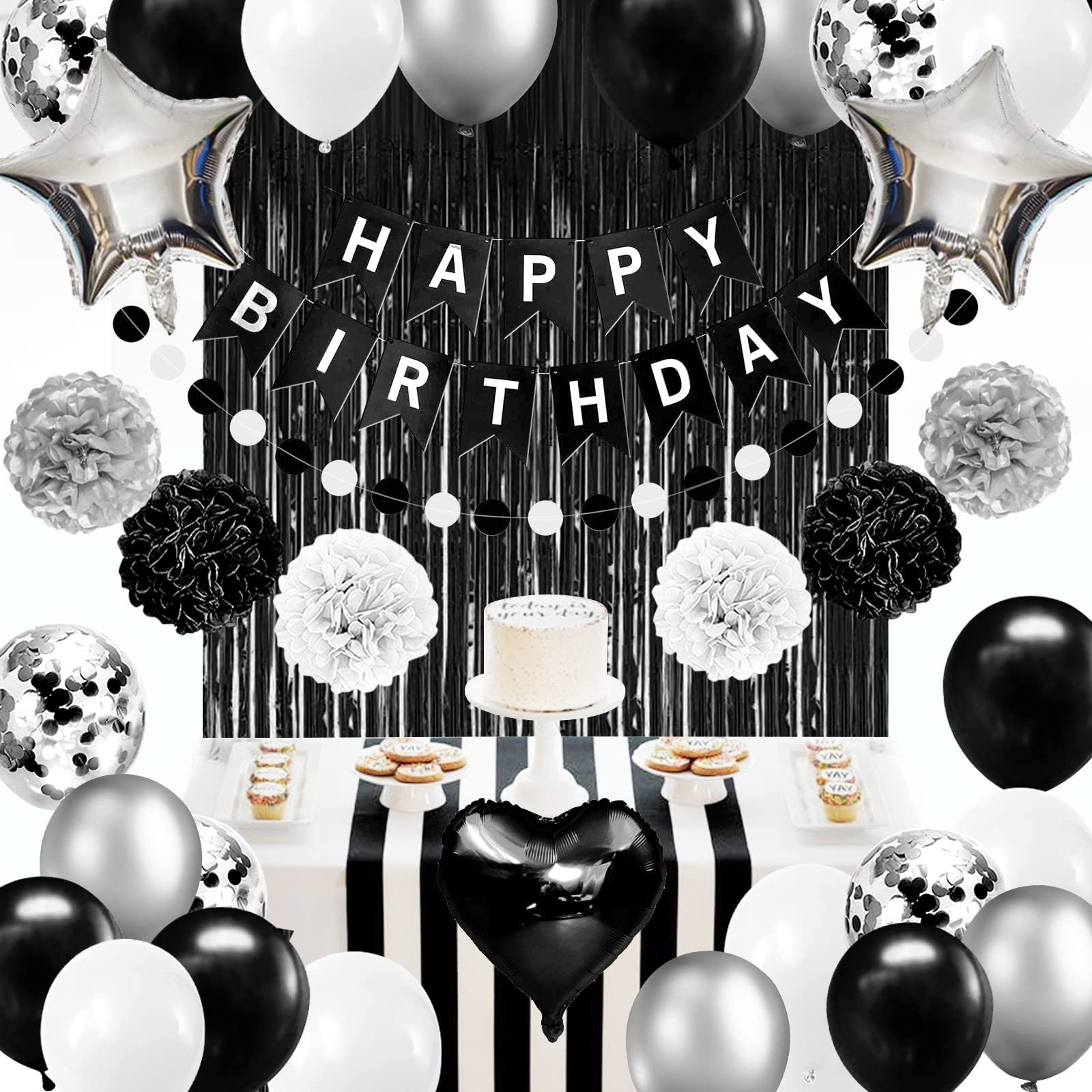 Black and White Birthday Party Decorations,Happy Birthday Decorations for Men Women Boys Girls Including Happy Birthday Banner,Fringe Curtains,Pompom Flower,Black and silver party decorations