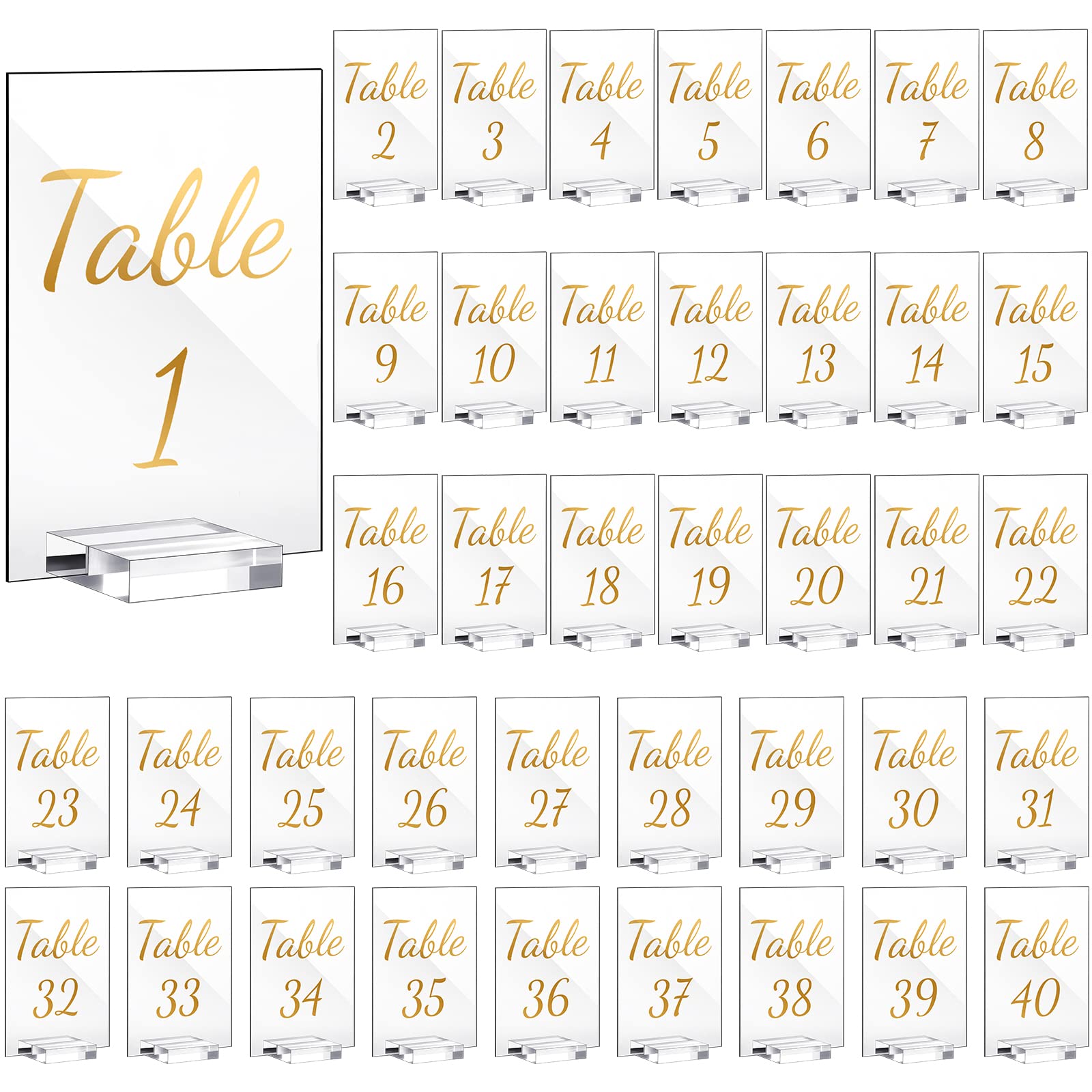 40 Pack Gold Acrylic Wedding Table Number 1-40 Clear Wedding Table Stand with Numbers Calligraphy Table Number Holders 4 x 6 Inch Acrylic Table Signs for Wedding Reception Centerpieces Decorations