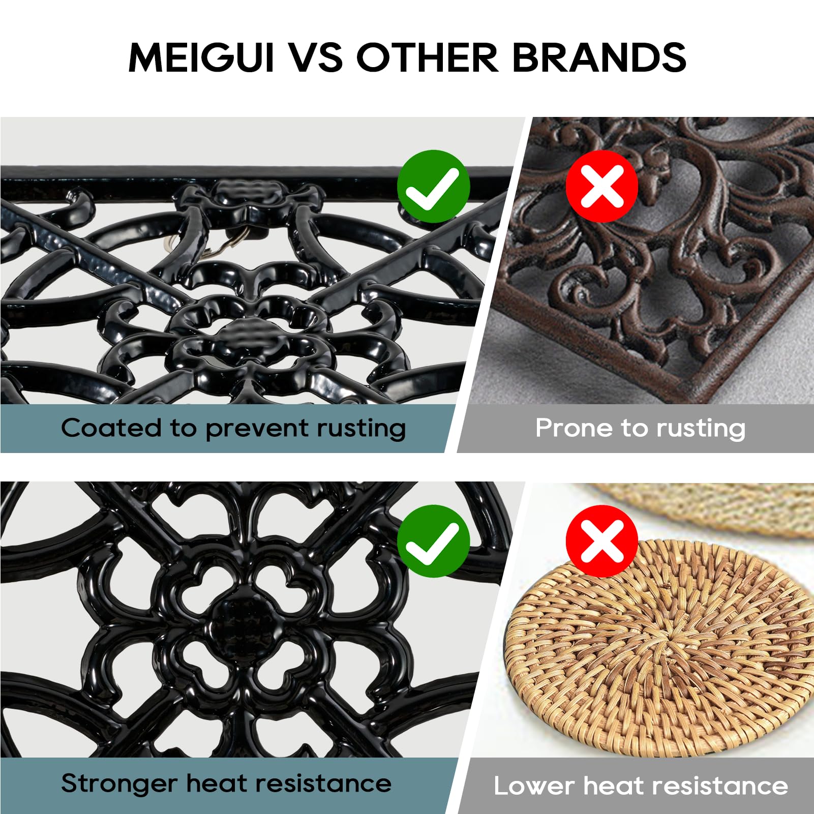 Square Cast Iron Trivet for Kitchen Countertop，Recycled Metal Heat Resistant Trivets with Rubber Pegs，Rustic Decorative Trivet for Hot Dishes Pot Pan Teapot for Kitchen Dining Table, Black