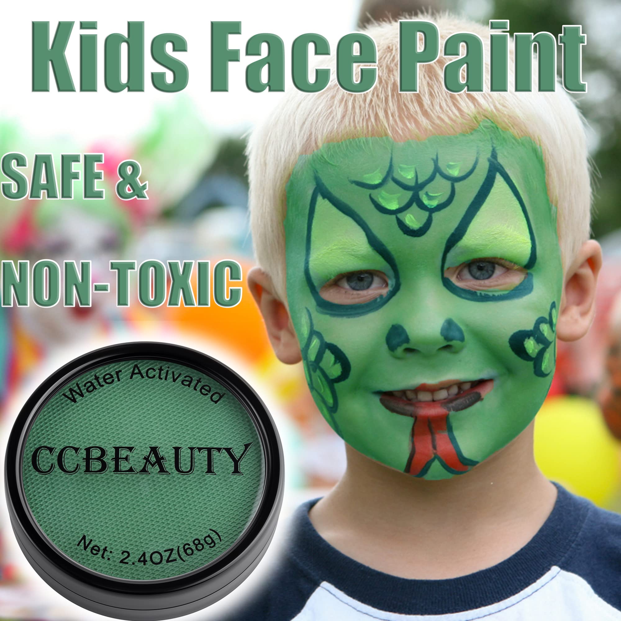 CCbeauty 68g Dark Green Face Body Paint - Water Activated St. Patrick's Day Face Painting, Non-Toxic Water Based Halloween Makeup Kit Supplies, Hypoallergenic for Kids Adults