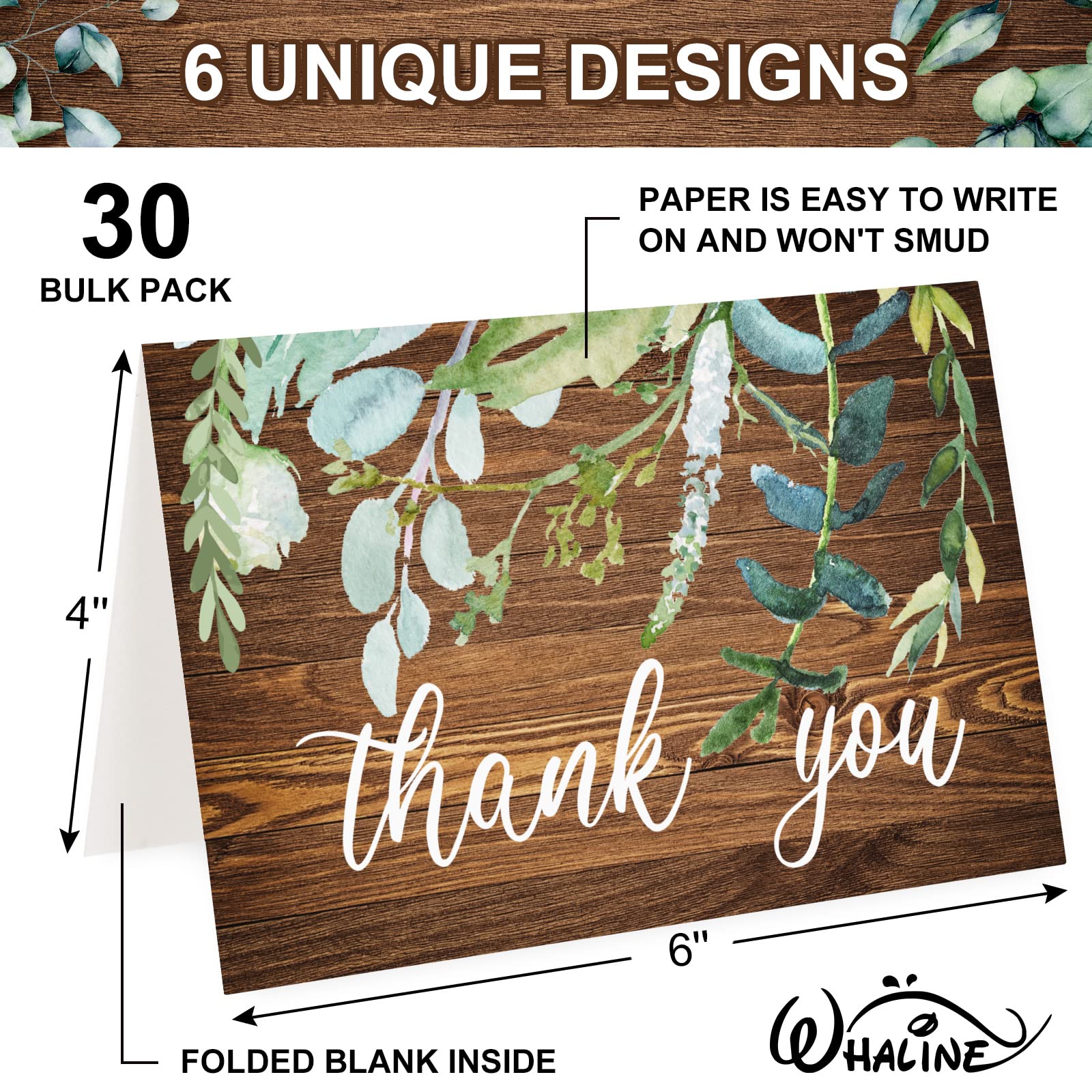 Whaline 30 Pack Rustic Thank You Cards with Envelopes Stickers Watercolor Eucalyptus Brown Greeting Note Cards Gratitude Card for Wedding Birthday Baby Shower Bridal Shower, Blank Inside, 4 x 6 Inch