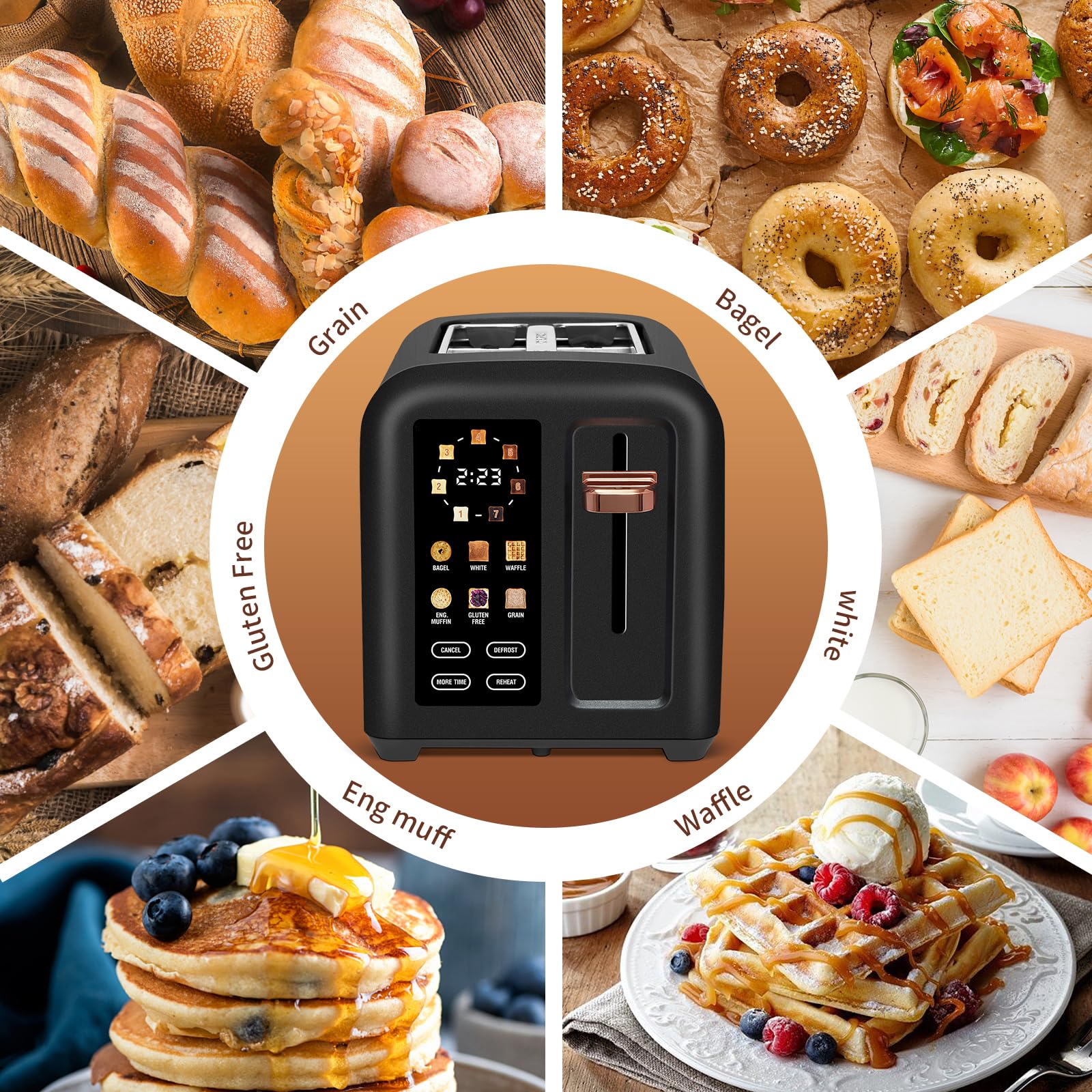 SEEDEEM Toaster 2 Slice, Touch Control Stainless Toaster LCD Display, 50% Faster Heating Speed, 1.4'' Wide Slots, More Timer Functions, Removable Crumb Tray, 1350W, Dark Chocolate