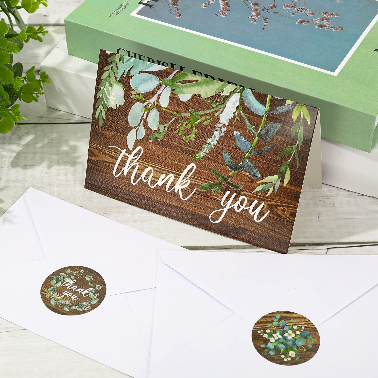 Whaline 30 Pack Rustic Thank You Cards with Envelopes Stickers Watercolor Eucalyptus Brown Greeting Note Cards Gratitude Card for Wedding Birthday Baby Shower Bridal Shower, Blank Inside, 4 x 6 Inch