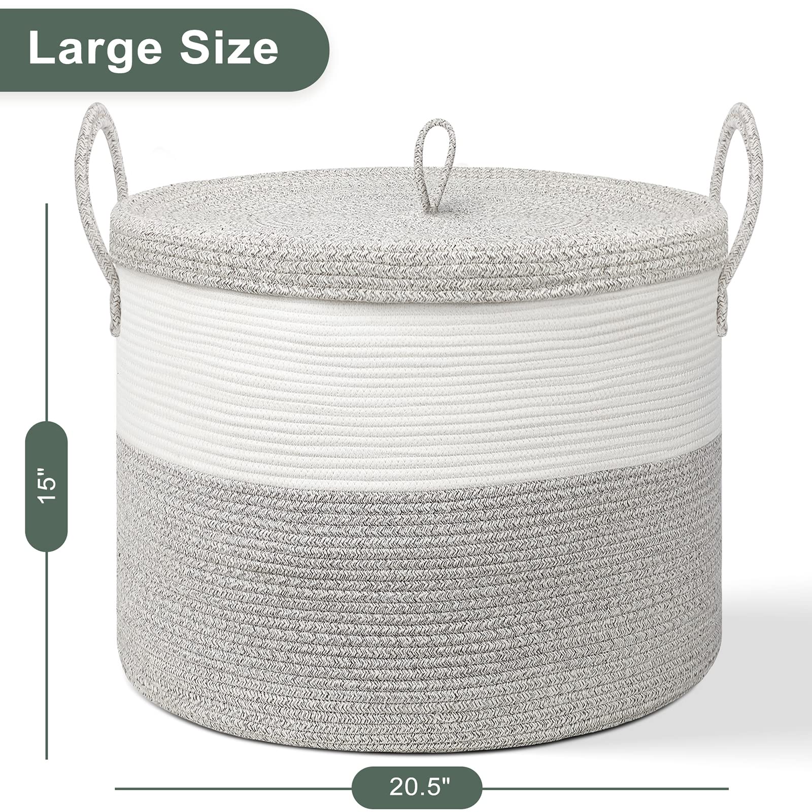 LOVSTORAGE 20.5"x 15" Large Rope Blanket Basket with Lid, Woven Storage Basket Baby Laundry Basket Hamper Decorative Nursery Toy Basket Bin with Handles for Living Room Bedroom-White&Brown, L