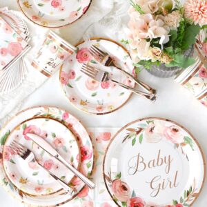 Rose Gold Baby Shower Plates and Napkins Girl - Serves 16 - Includes Baby Girl Plates Cups Napkins Knifes Forks Floral Baby Shower Decorations for Girl Baby Shower Favor Decor Party Supplies