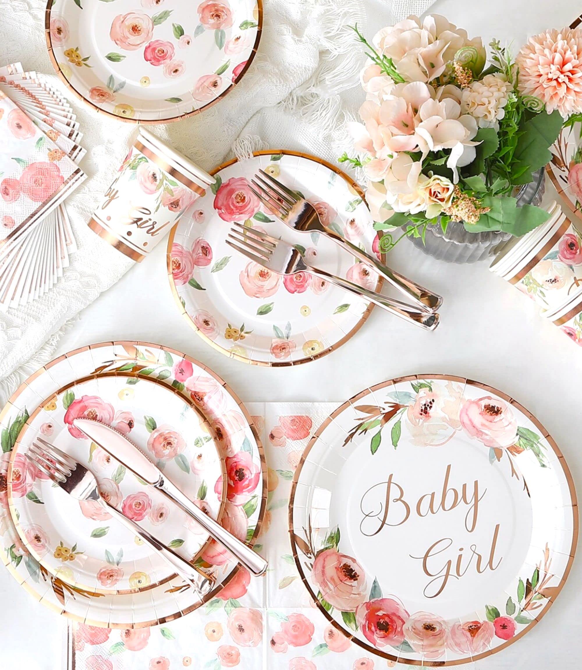 Rose Gold Baby Shower Plates and Napkins Girl - Serves 16 - Includes Baby Girl Plates Cups Napkins Knifes Forks Floral Baby Shower Decorations for Girl Baby Shower Favor Decor Party Supplies