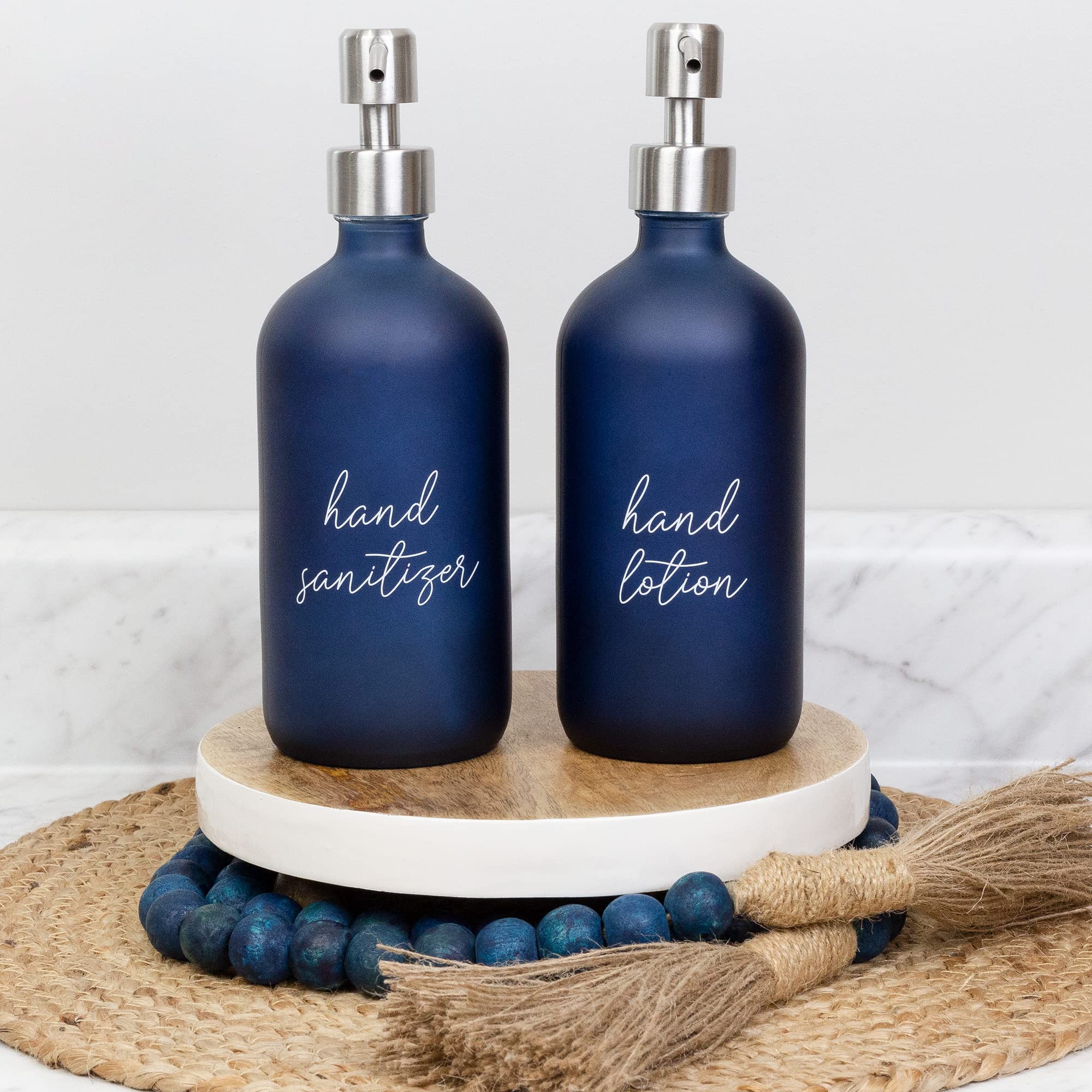 Darware Navy Lotion/Sanitizer Pump Bottles (Set of 2, Navy Blue); Glass Pump Dispenser Bottles for Hand Care, Pre-Labeled