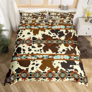 erosebridal cowhide duvet cover western bedding set,brown highland cow print comforter cover exotic aztec diamond king bed set,farm animals bull cattle skin room decor cowboys gifts for women