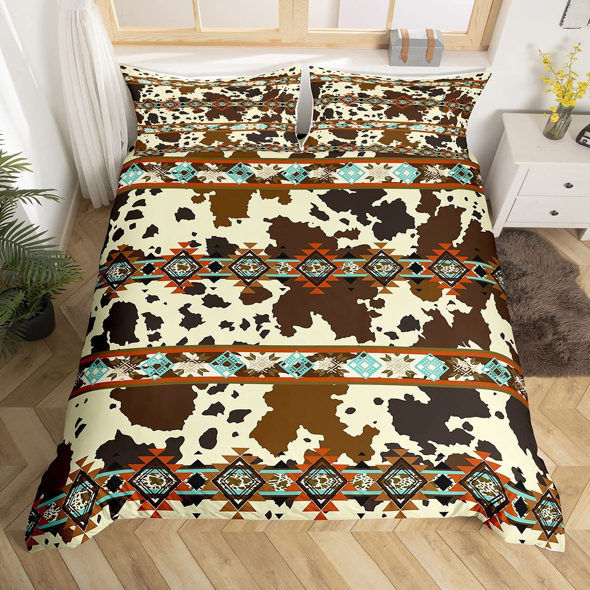 Erosebridal Cowhide Duvet Cover Western Bedding Set,Brown Highland Cow Print Comforter Cover Exotic Aztec Diamond King Bed Set,Farm Animals Bull Cattle Skin Room Decor Cowboys Gifts for Women