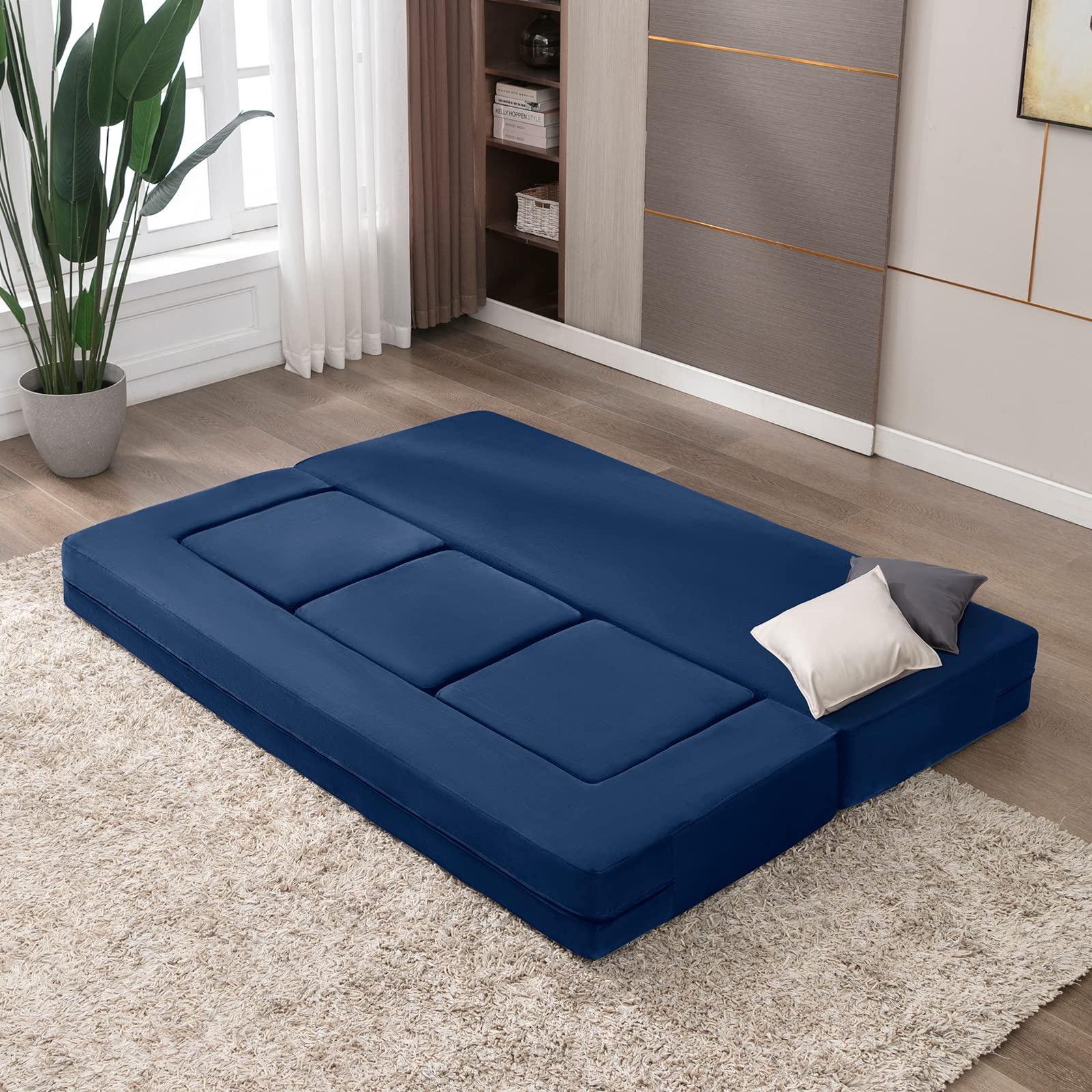 BALUS Folding Bed Couch, Sleeper Foam Sofa Bed, Cushioned Foam Mattress Comfortable Sofa, Floor Couch Sleeper Sofa Foam with 3 Ottomans for Living Room/Bedroom/Guest Room/Home Office (Blue)