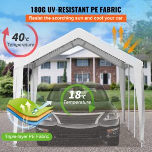 VEVOR 10 x 20 ft Carport Car Canopy, Heavy Duty Garage Shelter with 8 Legs, Car Garage Tent for Outdoor Party, Birthday, Garden, Boats, Adjustable Peak Height from 8.3 ft to 10 ft, White