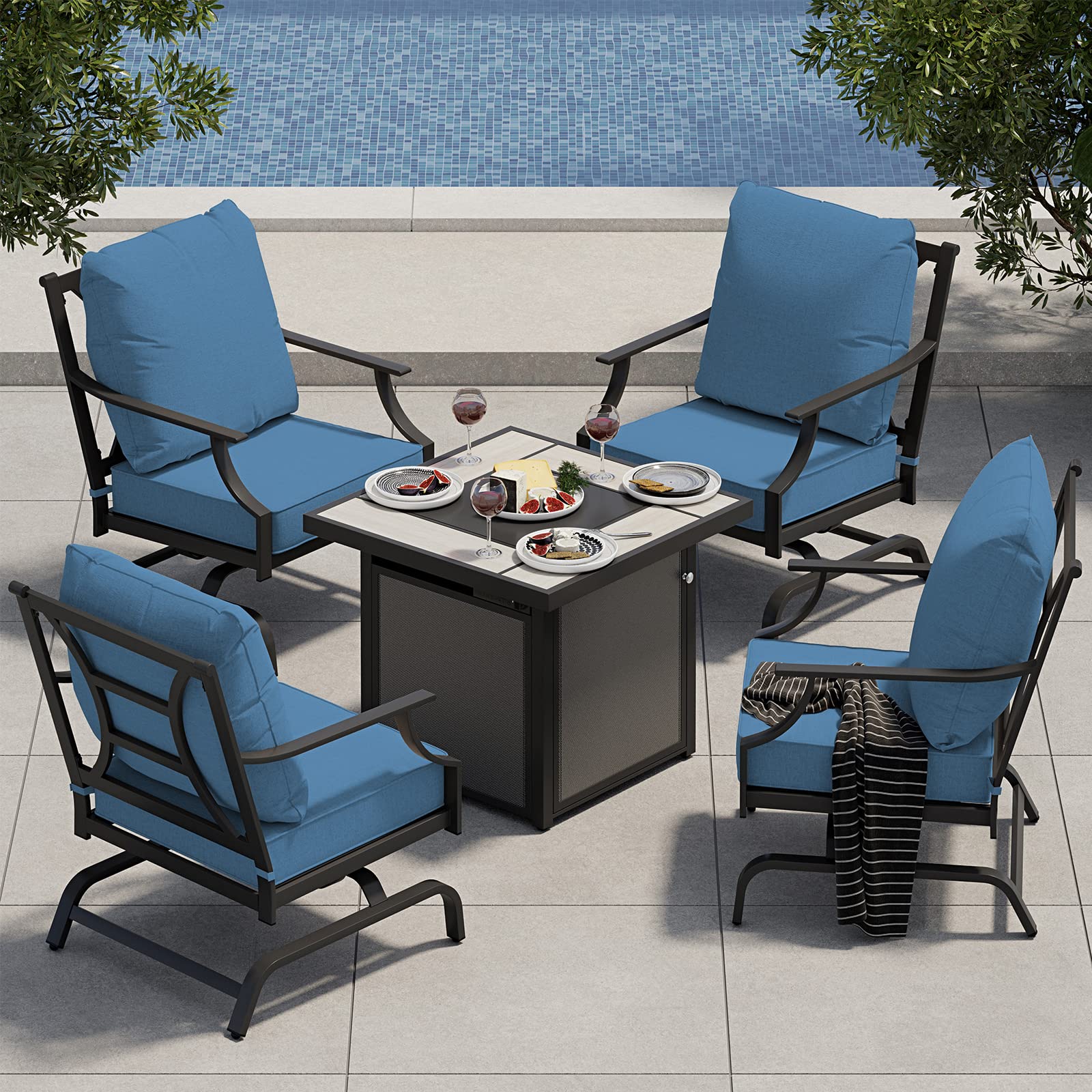 Grand patio 5-Piece Outdoor Furniture Set with 32'' Square Ceramic Tile Tabletop 50,000 BTU CSA Approved Fire Pit,4 Rocking Patio Chairs with Olefin Cushions and Pillows-Peacock Blue