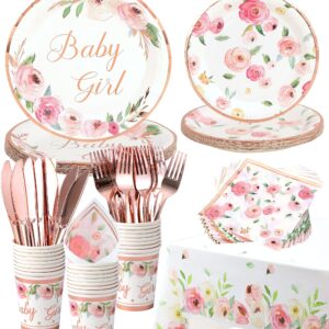 Rose Gold Baby Shower Plates and Napkins Girl - Serves 16 - Includes Baby Girl Plates Cups Napkins Knifes Forks Floral Baby Shower Decorations for Girl Baby Shower Favor Decor Party Supplies