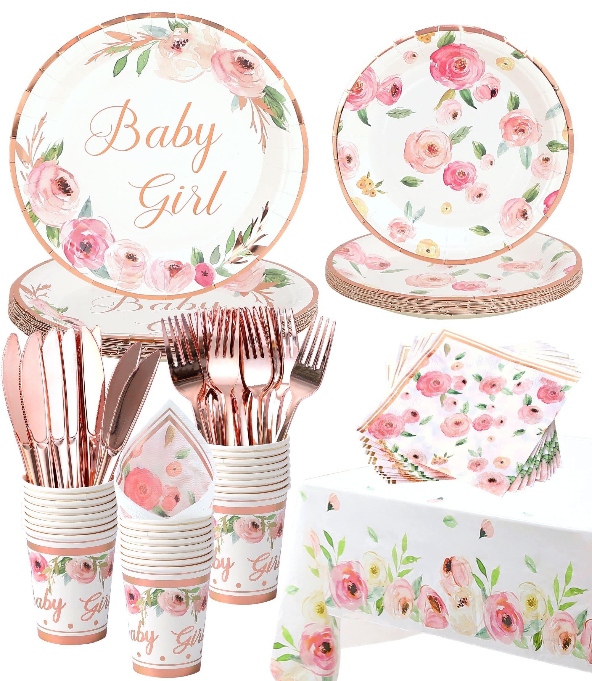 Rose Gold Baby Shower Plates and Napkins Girl - Serves 16 - Includes Baby Girl Plates Cups Napkins Knifes Forks Floral Baby Shower Decorations for Girl Baby Shower Favor Decor Party Supplies