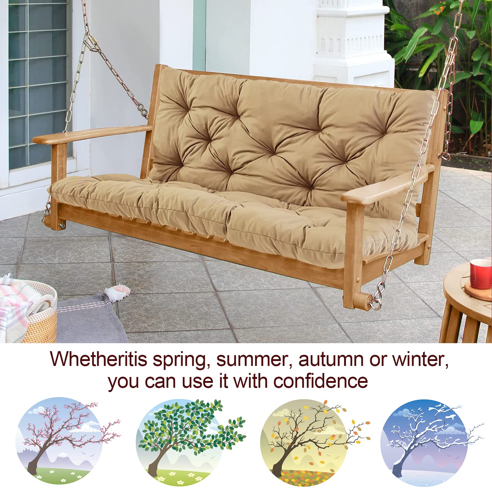 MiokyStaner Porch Swing Cushions with Backrest, 2-3 Seater Waterproof Bench Pad Cushions, Thicken 4" Outdoor Swing Cushions, for Outdoor Patio Garden Furniture (47x40in, Khaki)