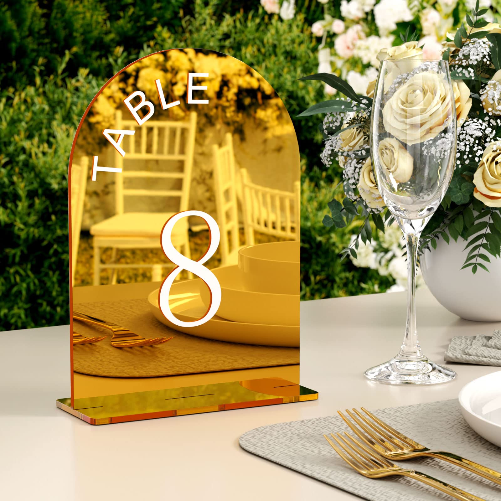 Nuggicet 15pcs Gold Mirror Table Numbers, 5"x7"Arch Wedding Table Numbers Stand for Any Party Occasion,Party Decoration,Modern Acrylic Table Sign Holder（Number1-15）