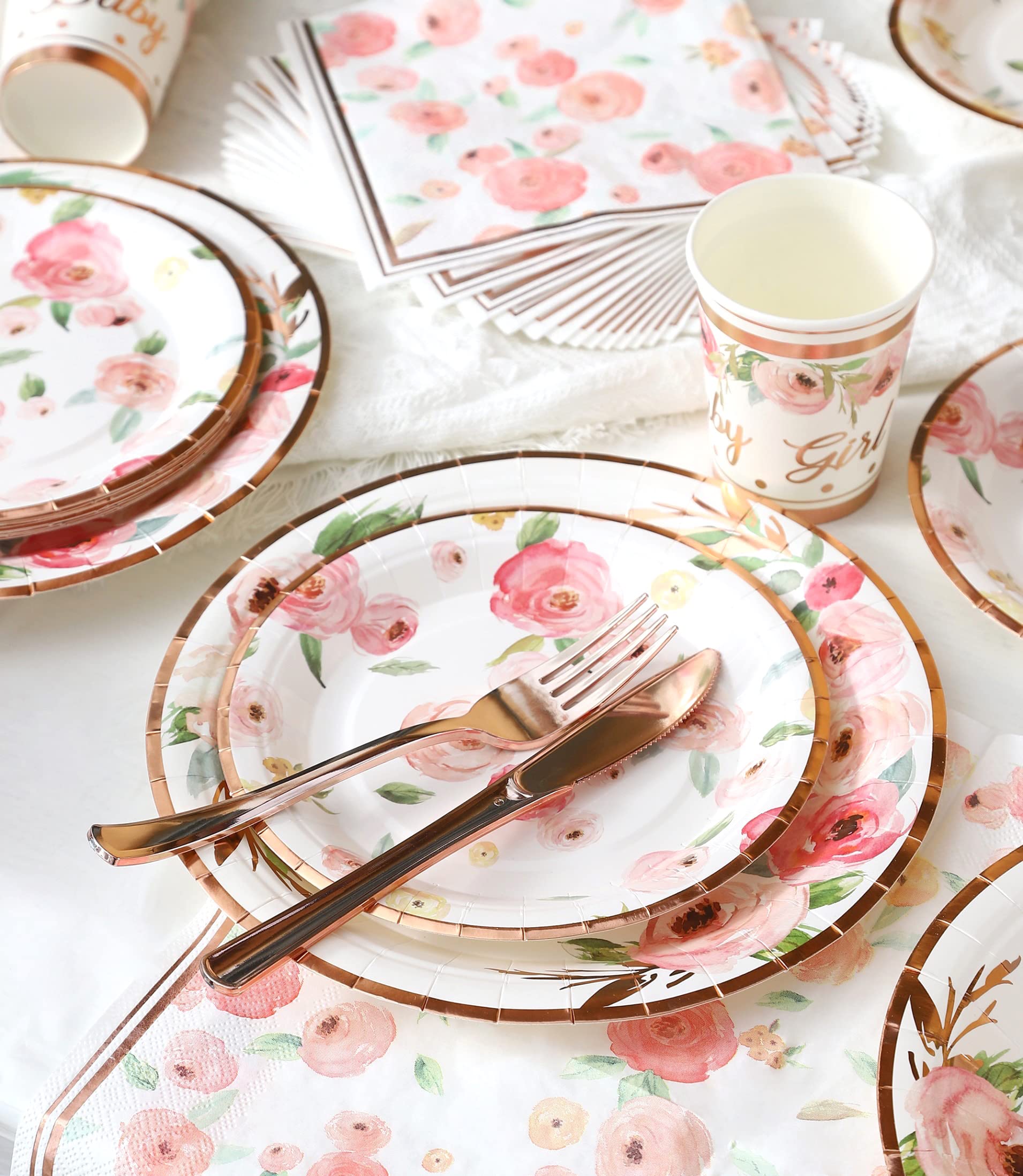 Rose Gold Baby Shower Plates and Napkins Girl - Serves 16 - Includes Baby Girl Plates Cups Napkins Knifes Forks Floral Baby Shower Decorations for Girl Baby Shower Favor Decor Party Supplies