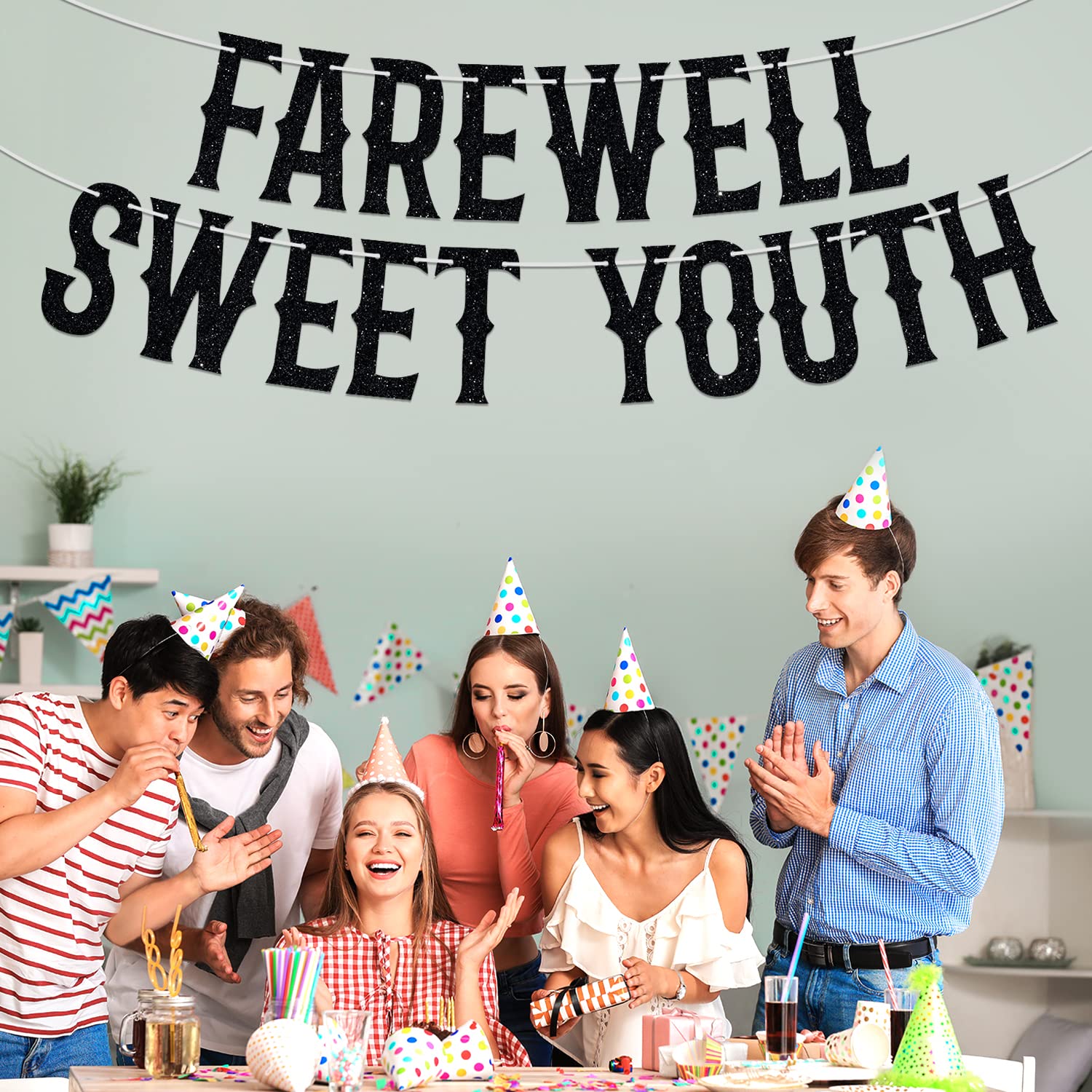 Farewell Sweeet Youth Banner, Funeral Birthday Bunting Sign for 20/30/40/50 Years Old, Death to My Youth Funny Birthday Party Decoration Supplies