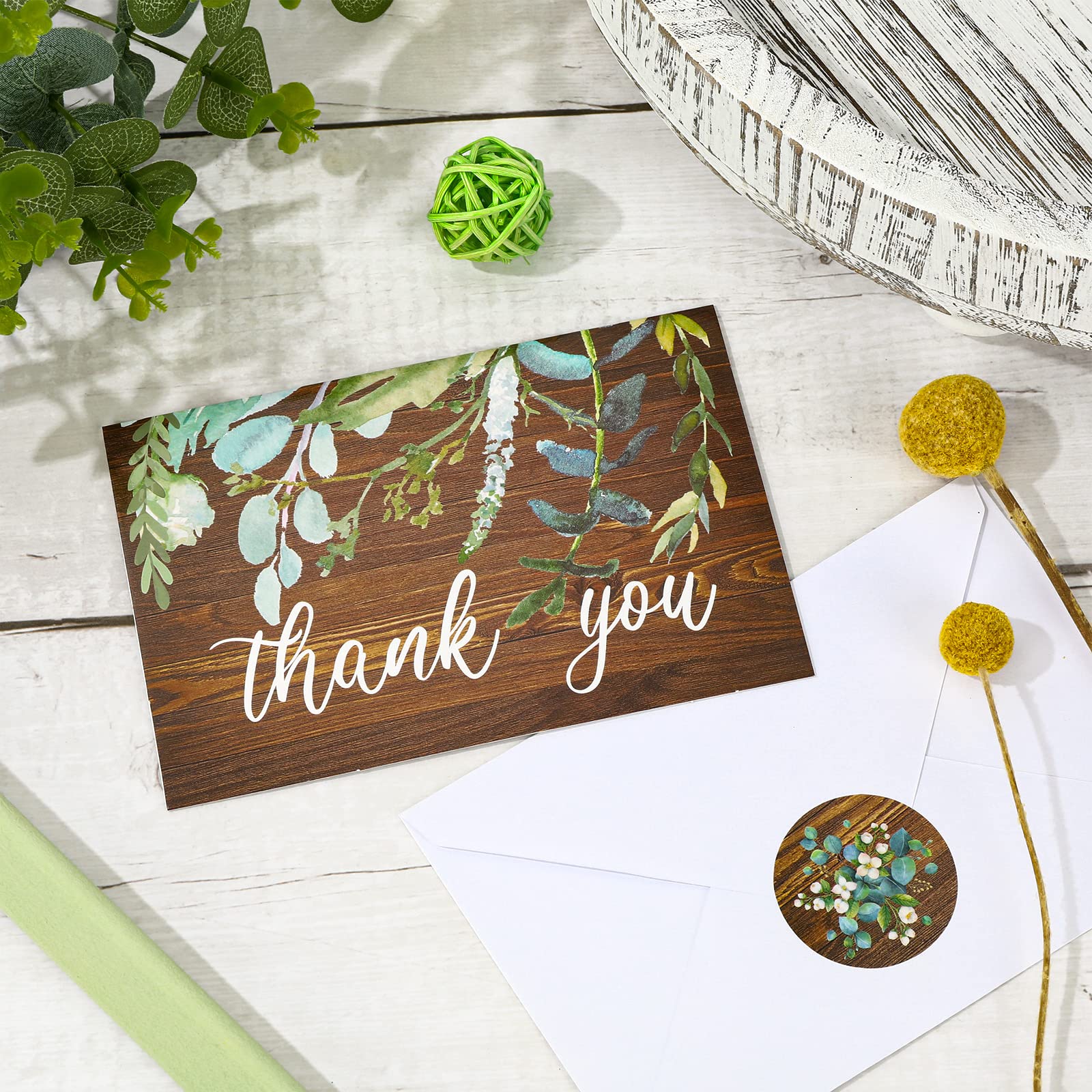 Whaline 30 Pack Rustic Thank You Cards with Envelopes Stickers Watercolor Eucalyptus Brown Greeting Note Cards Gratitude Card for Wedding Birthday Baby Shower Bridal Shower, Blank Inside, 4 x 6 Inch