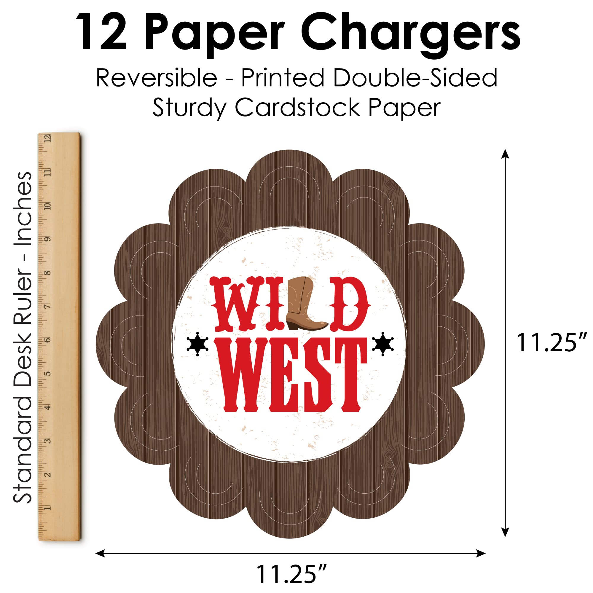 Big Dot of Happiness Western Hoedown - Wild West Cowboy Party Round Table Decorations - Paper Chargers - Place Setting for 12