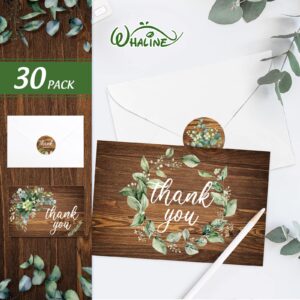 Whaline 30 Pack Rustic Thank You Cards with Envelopes Stickers Watercolor Eucalyptus Brown Greeting Note Cards Gratitude Card for Wedding Birthday Baby Shower Bridal Shower, Blank Inside, 4 x 6 Inch