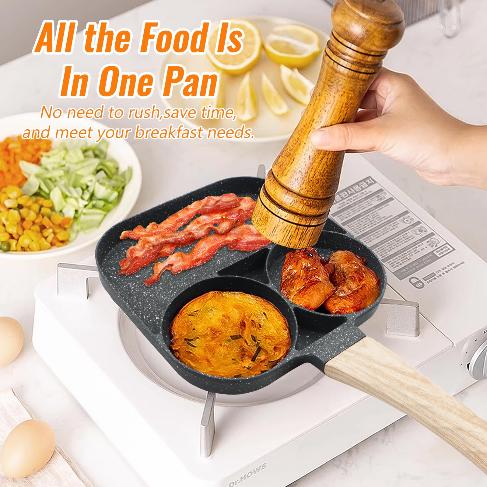 3 in 1 Breakfast Egg Pan,7 in Nonstick Grill Frying Pan with Divider,3 Section Omelette Pan Skillet All in One Split Sectioned Pan Suitable for Gas Stove & Induction Microwaves Cooker,Free PFOA