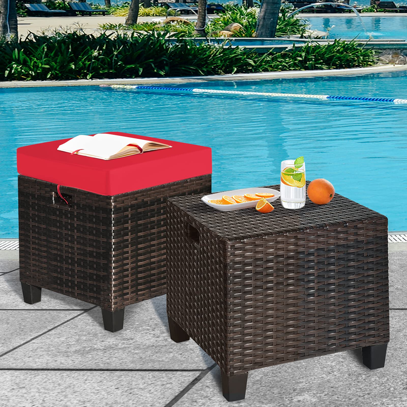 RELAX4LIFE 2-Piece Patio Ottoman Set - Wicker Footstools, All Weather PE Rattan Ottoman with Removable Cushions, Square Footrest Seat, Outdoor Stools for Garden, Porch, Pouf Ottoman (Red)