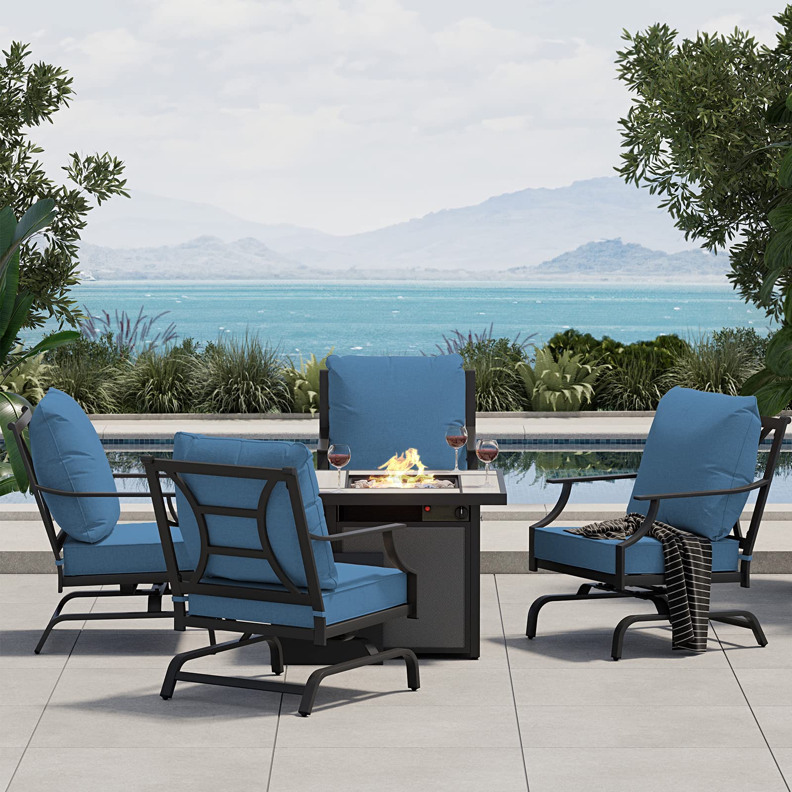 Grand patio 5-Piece Outdoor Furniture Set with 32'' Square Ceramic Tile Tabletop 50,000 BTU CSA Approved Fire Pit,4 Rocking Patio Chairs with Olefin Cushions and Pillows-Peacock Blue