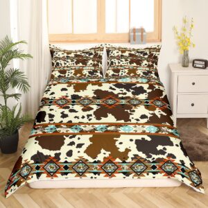 Erosebridal Cowhide Duvet Cover Western Bedding Set,Brown Highland Cow Print Comforter Cover Exotic Aztec Diamond King Bed Set,Farm Animals Bull Cattle Skin Room Decor Cowboys Gifts for Women