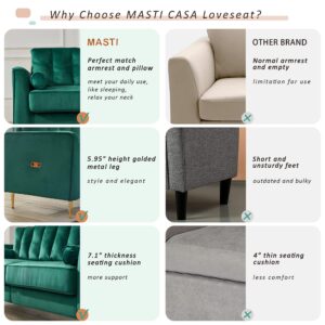 MASTI Green Velvet Loveseat Sofa for Small Spaces,59" Modern Love Seats Furniture with Golden Legs and Two Bolster Pillows Suitable for Living Room,Bedroom and Apartment