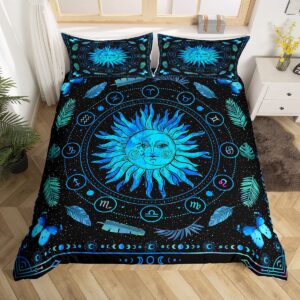 sun and moon comforter cover constellations astrology bed sets moon phase duvet cover king green botanical leaves bedding exotic feather bedspread cover with zipper closure black blue 3 pieces cozy