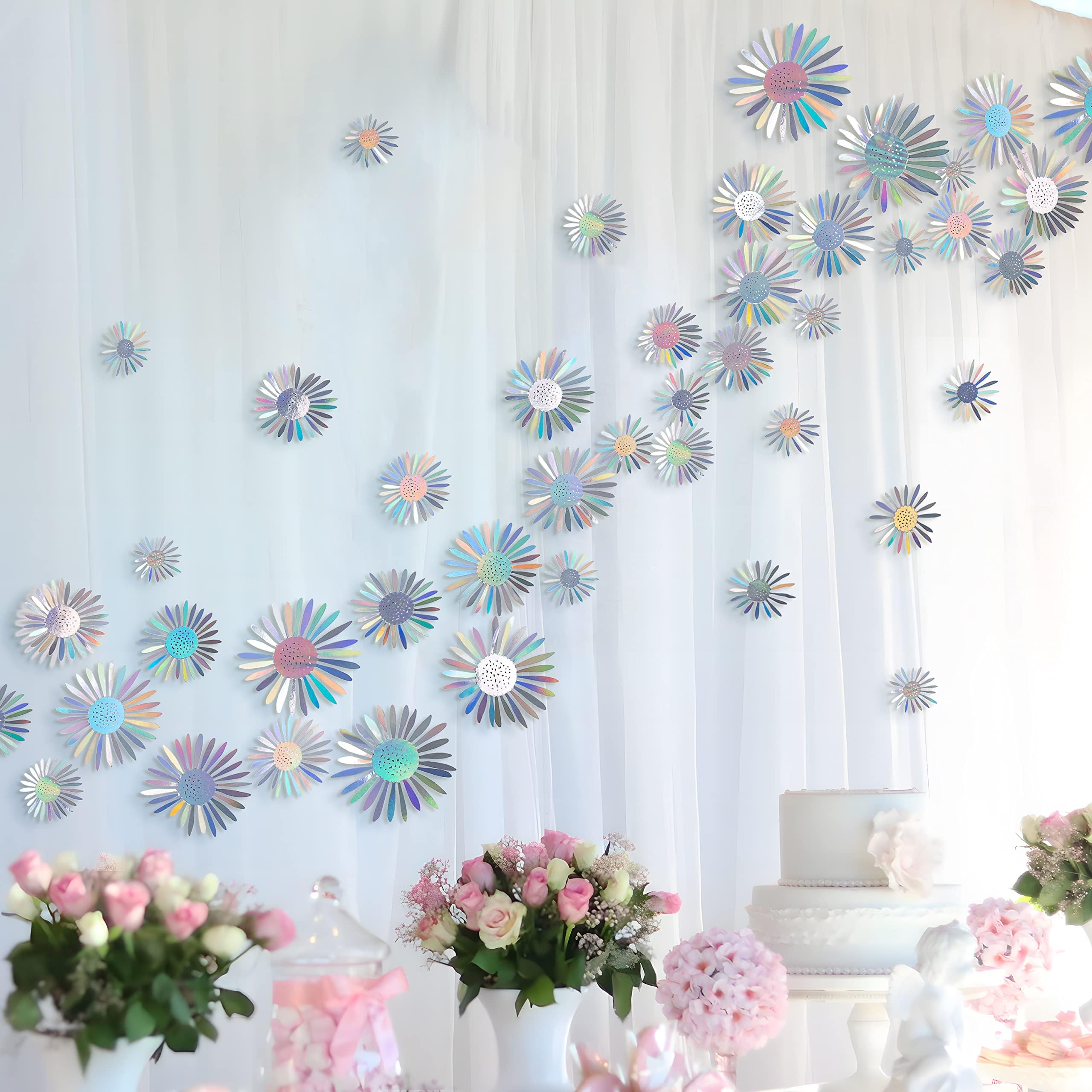 Cheerland 3D Iridescent Flowers Peel and Stick Wall Decals for Party Door Window Decorations, Classroom Decor, and Bedroom Mural - Holographic Paper Flowers - 40pcs