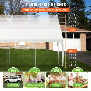 VEVOR 10 x 20 ft Carport Car Canopy, Heavy Duty Garage Shelter with 8 Legs, Car Garage Tent for Outdoor Party, Birthday, Garden, Boats, Adjustable Peak Height from 8.3 ft to 10 ft, White