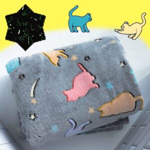 best gift christmas glow in the dark cute cat throw blanket with storage bag, soft throw blanket for girls boys, birthday gifts, girls blanket kids blanket,day care home travel use,50"x60" grey