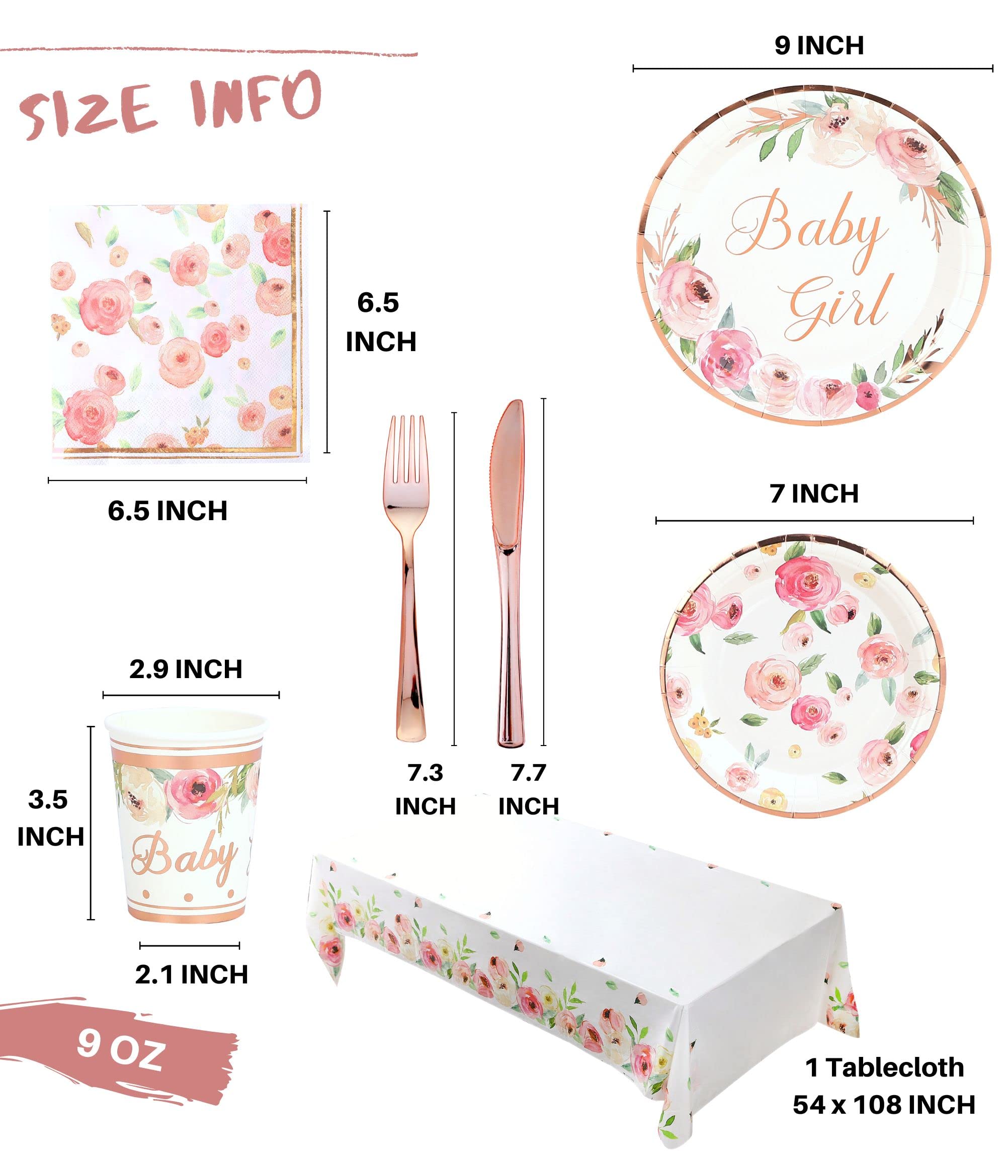 Rose Gold Baby Shower Plates and Napkins Girl - Serves 16 - Includes Baby Girl Plates Cups Napkins Knifes Forks Floral Baby Shower Decorations for Girl Baby Shower Favor Decor Party Supplies