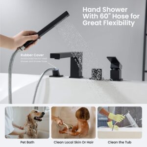 KIBI Cube Single Handle Roman Tub Faucet with Hand Shower Deck Mounted Bathtub Faucet Set with Diverter (Matte Black) (KTF3102)