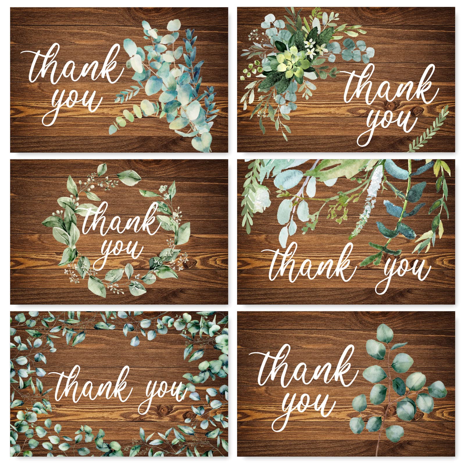 Whaline 30 Pack Rustic Thank You Cards with Envelopes Stickers Watercolor Eucalyptus Brown Greeting Note Cards Gratitude Card for Wedding Birthday Baby Shower Bridal Shower, Blank Inside, 4 x 6 Inch