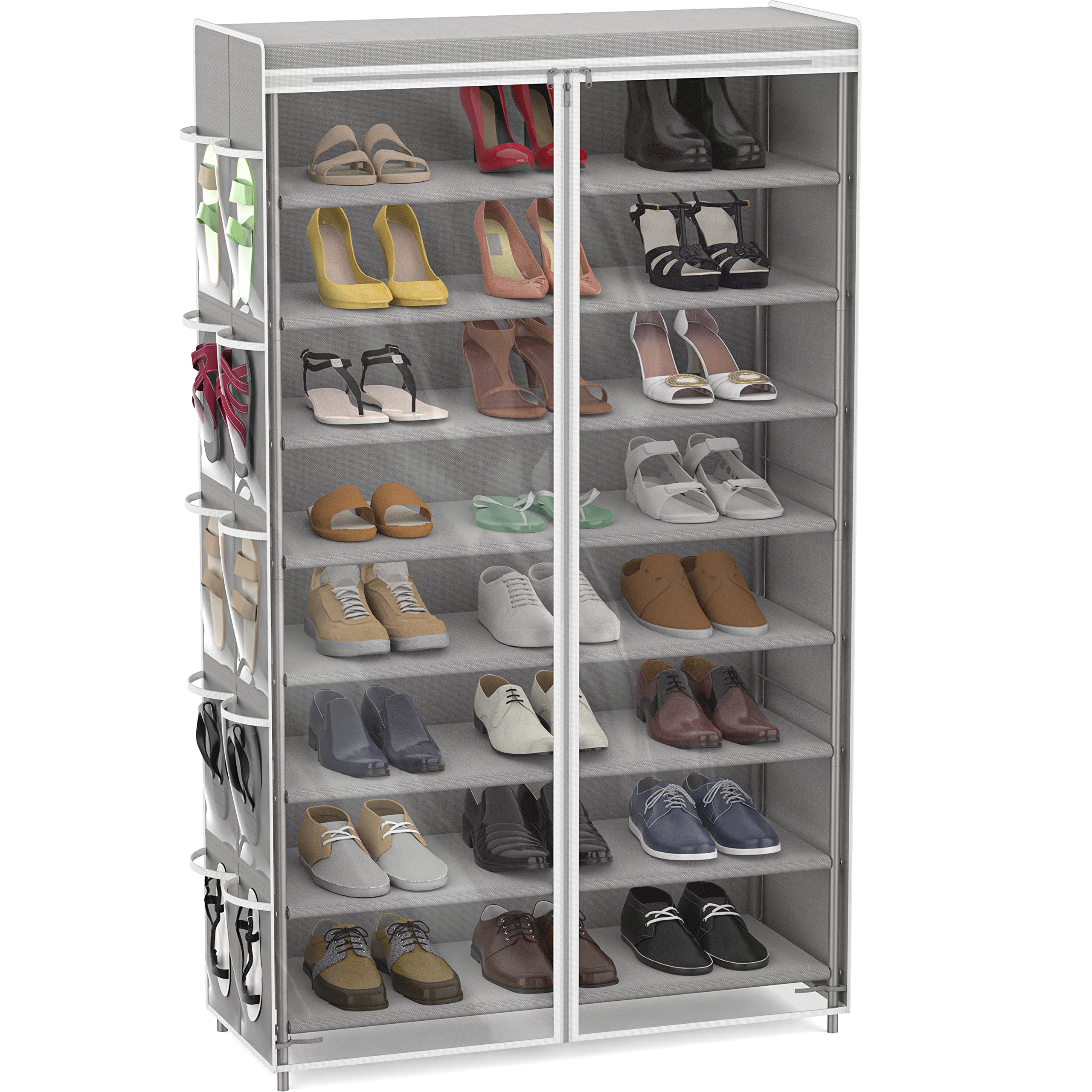 Simple Houseware 8 Tiers Shoe Rack with Zipper Cover | Side Hanging Pockets, Gray