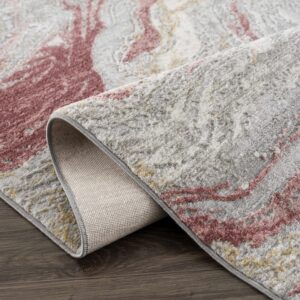 Hauteloom Liverpool Modern Abstract Bedroom Living Room Area Rug - Marble Swirl Pattern - Contemporary Bohemian Farmhouse - Pink, Red, Grey, Off White - 7'10" x 10'