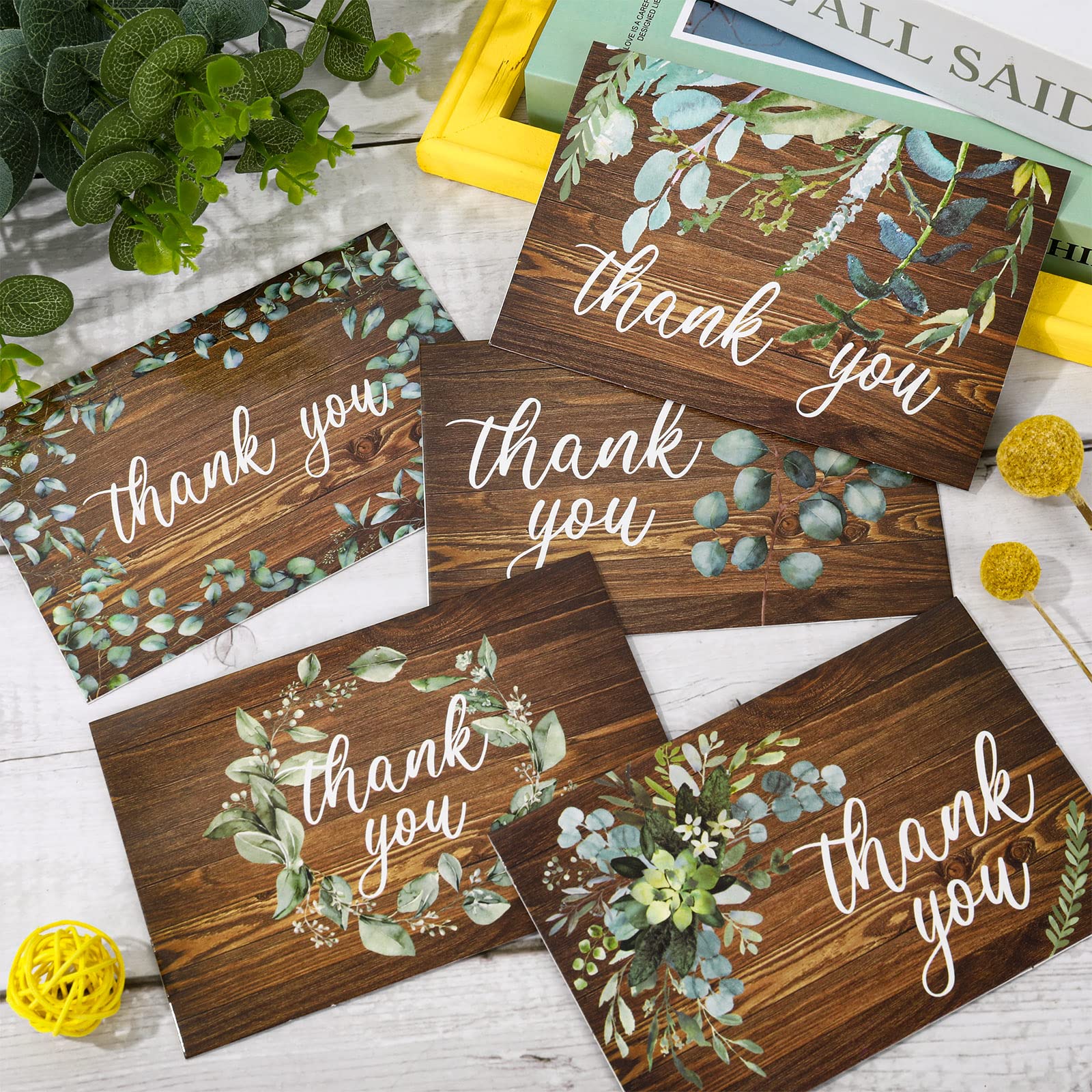 Whaline 30 Pack Rustic Thank You Cards with Envelopes Stickers Watercolor Eucalyptus Brown Greeting Note Cards Gratitude Card for Wedding Birthday Baby Shower Bridal Shower, Blank Inside, 4 x 6 Inch