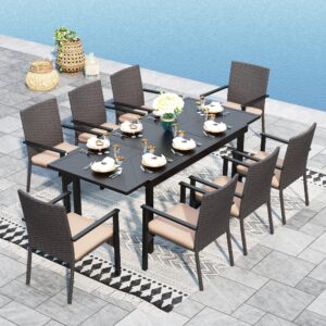 sophia & william 9 pieces expandable patio dining set for 8, metal patio table and rattan wicker chairs set, all weather rectangular outdoor dining table and chairs for backyard garden porch deck