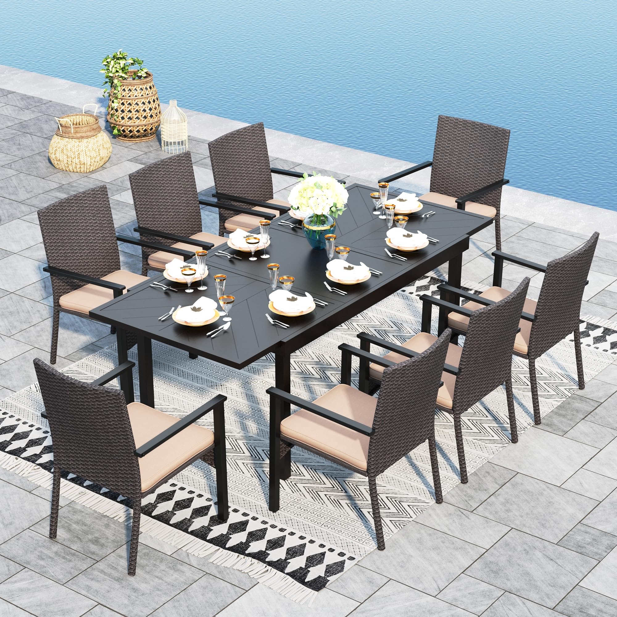 Sophia & William 9 Pieces Expandable Patio Dining Set for 8, Metal Patio Table and Rattan Wicker Chairs Set, All Weather Rectangular Outdoor Dining Table and Chairs for Backyard Garden Porch Deck