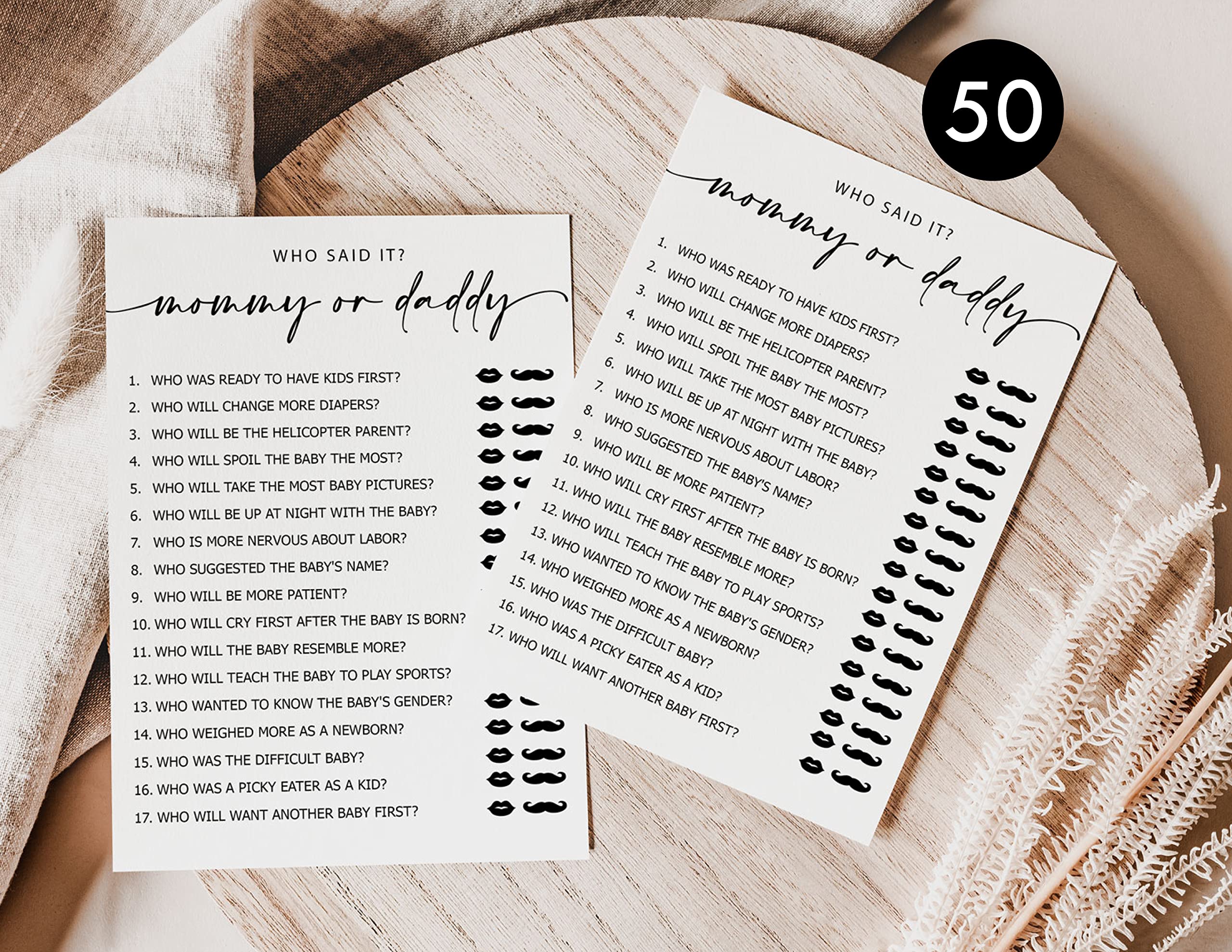 All Ewired Up 50 Mommy or Daddy? Who Said It Game (50-Cards) Fun Baby Shower Game Activity, Gender Neutral Boy or Girl Minimalist