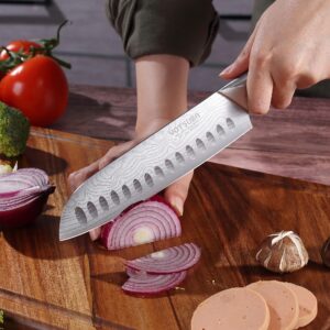 YOTSUBA Santoku Knife, 7 Inch Kitchen Knife, Sharp Japanese Knife with Wooden Handle, Forged High Carbon German Stainless Steel, Chef Knife for Home Chopping Vegetable and Cooking